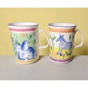 Rose of England Bone China Pair Jungle Animal Coffee Mugs Zebra Elephant READ